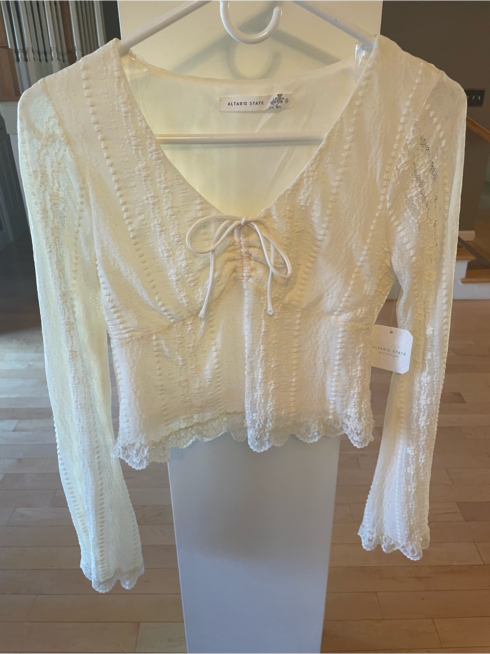 Altar'd State Cream Lace-Texture Tie-Front Crop Top